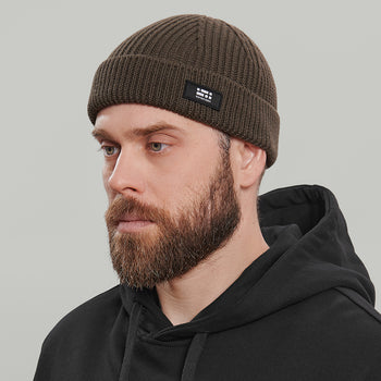 Merino Short Beanie Hat Morse Code Logo RD-MRNSBHMCL KHAKI