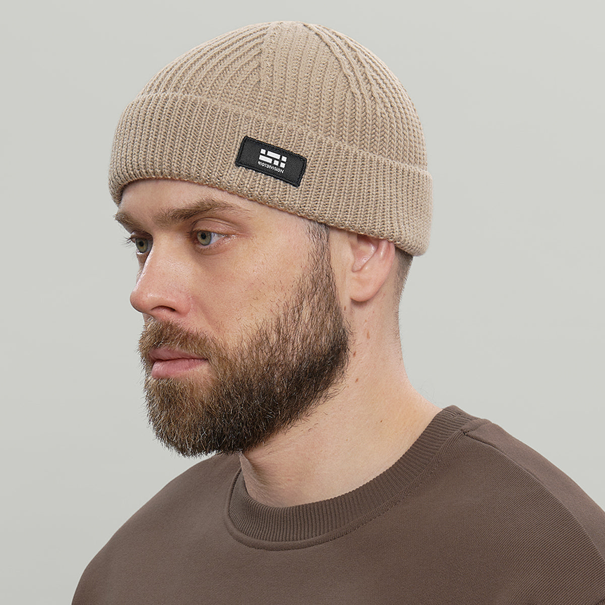Merino Short Beanie Hat Morse Code Logo RD-MRNSBHMCL BEIGE