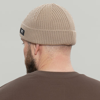 Merino Short Beanie Hat Morse Code Logo RD-MRNSBHMCL BEIGE